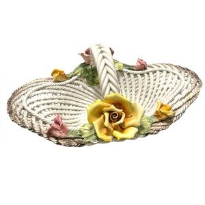 Vintage Capodimonte Italy Porcelain Basket with Hand-Painted Roses